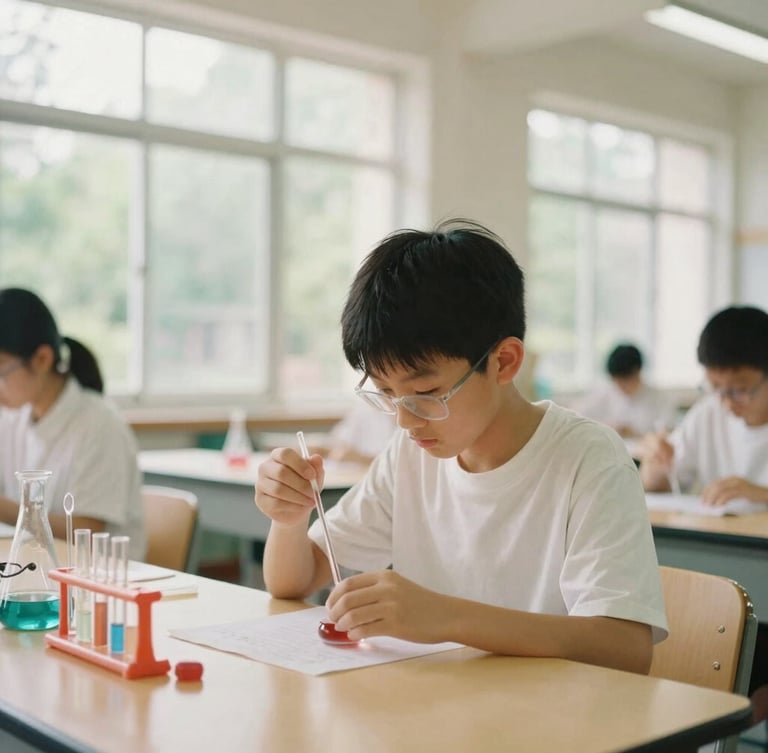 A student engaged in a hands-on science experiment in a bright, modern classroom, warm natural daylight filtering through large windows, soft focus.
