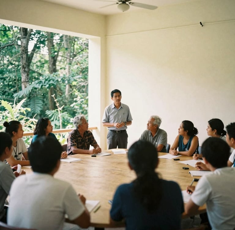 Wide environmental medium-format film photograph of a community leader guiding a collaborative workshop in a warm, cream-walled space with soft natural daylight, rich forest green accents, authentic documentary style.
