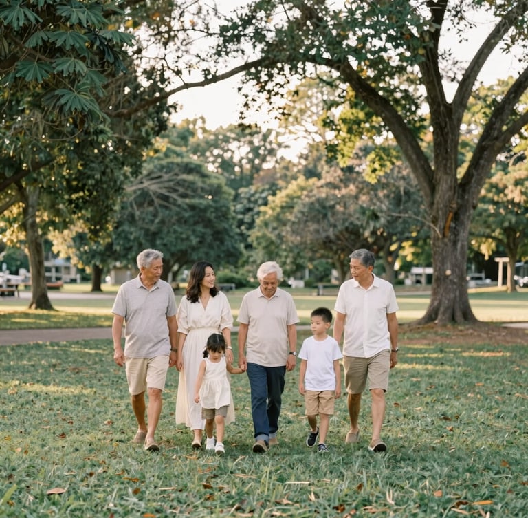 A wide environmental portrait of a multi-generational family walking through a restored community park at golden hour, soft natural light, editorial film style