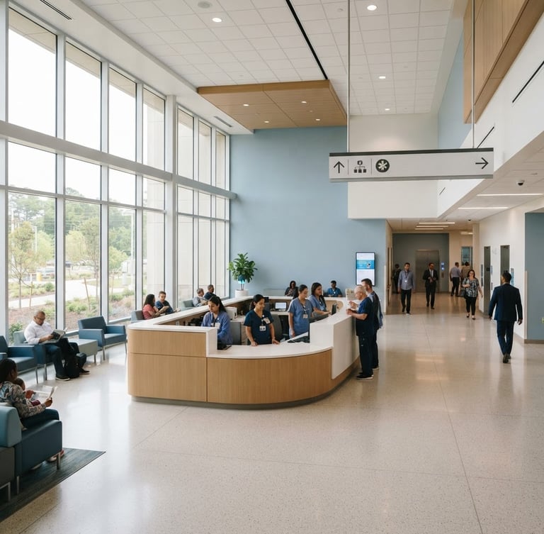 A bright, modern hospital lobby with clear directional signage, soft blue and white walls, natural daylight, sharp focus, professional medical setting, 35mm.