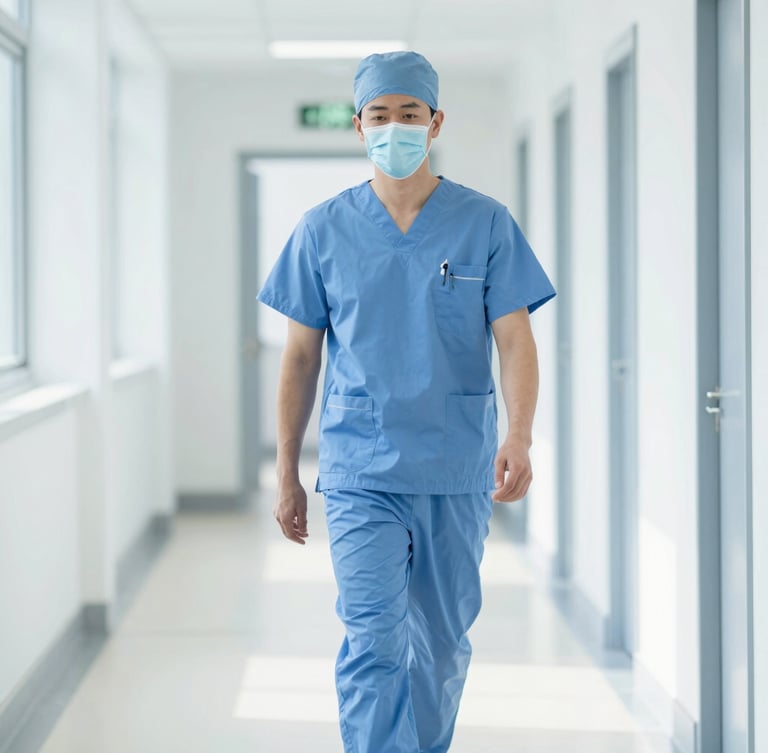 A professional medical doctor in clean scrubs walking down a bright, sunlit clinical corridor, soft blue tones, sharp focus, 35mm.