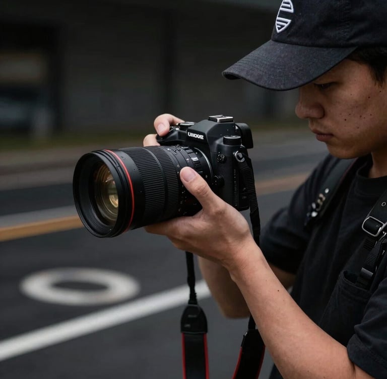 A creator holding a professional camera on a track-day pit lane, wearing a dark cap, moody lighting
