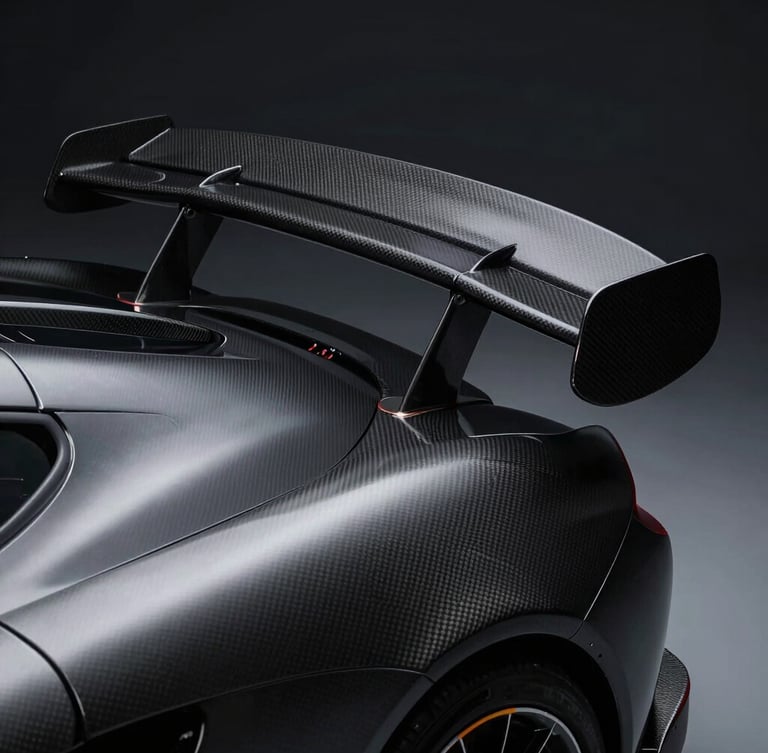 Moody close-up of a carbon fiber aerodynamic wing on a modern supercar, dramatic low-key studio lighting, metallic highlights, sharp 35mm details