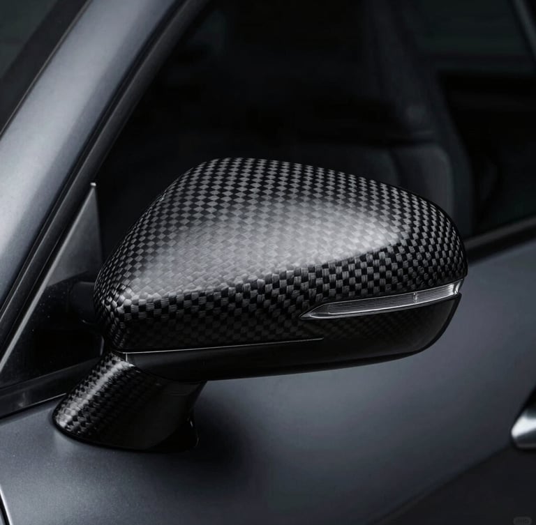 Tight macro shot of a brushed carbon fiber wing mirror, high-contrast studio strobes, moody dark charcoal and metallic tones, sharp details, 35mm lens