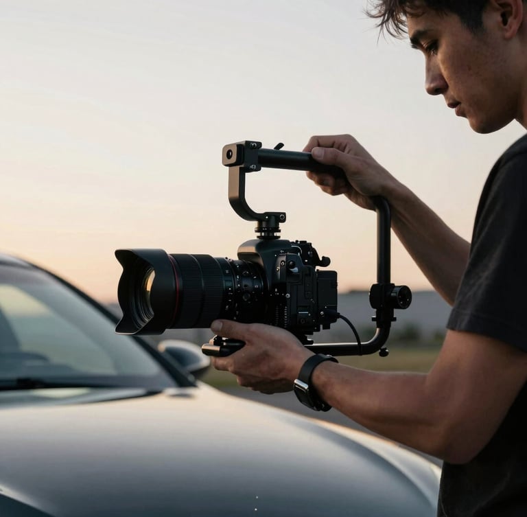 Behind the scenes of an automotive content creator adjusting a high-end camera rig mounted to a performance vehicle, moody golden-hour lighting, sharp details, 35mm lens