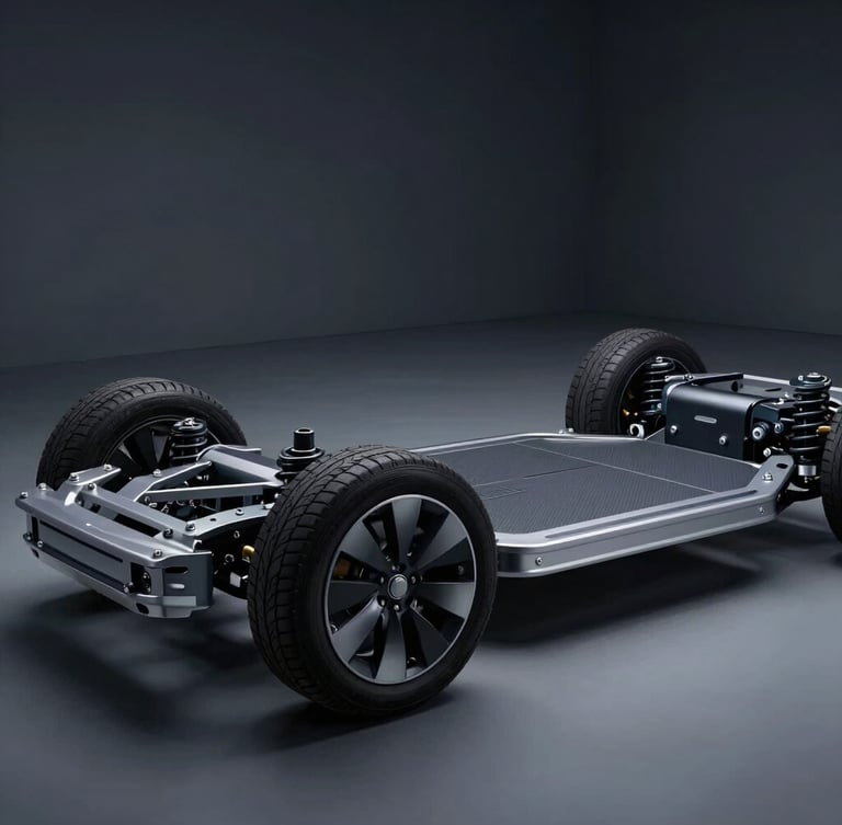 Close-up of a modern electric vehicle chassis and suspension details in a clean, minimalist development studio, low-key dramatic lighting