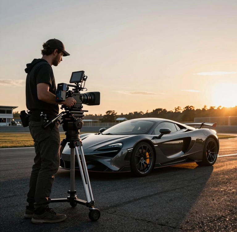 Behind the scenes of a professional camera rig filming a luxury sports car on a closed track, golden hour lighting, cinematic atmosphere, high-end production gear visible