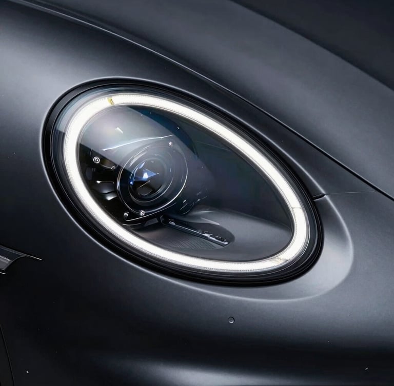 Tight macro shot of a modern sports car headlight reflecting sharp studio LED strips, dark charcoal metallic paint, high-contrast, 35mm lens