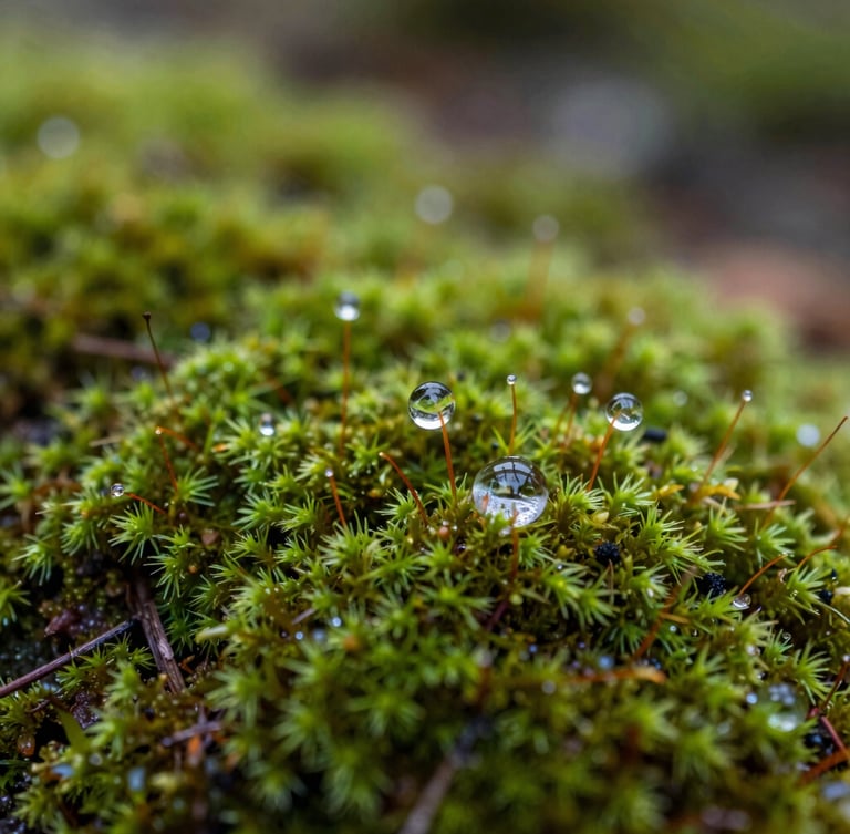 Extreme close-up of soft green moss with delicate water droplets, soft natural light, macro texture