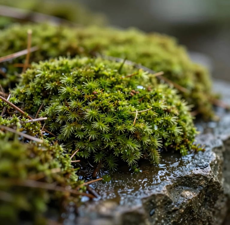 Extreme close-up macro photograph of soft green moss growing on a wet stone, gentle natural light, high contrast organic textures.
