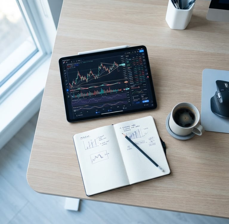 Overhead view of a clean modern desk with an iPad displaying financial charts, a sleek notebook, and a cup of coffee, bright natural daylight, cool blue tones, sharp focus, 35mm