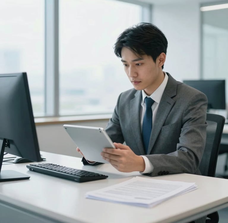 A professional accountant in a bright, modern paperless office, looking at a tablet screen, cool daylight, clean professional photography, 35mm