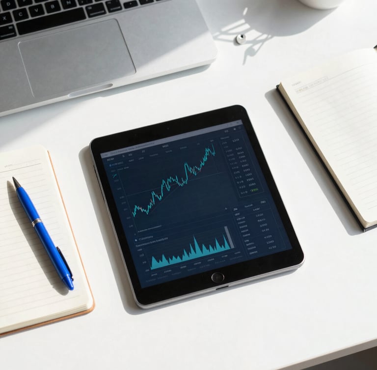 Overhead clean desk layout with a tablet displaying financial charts, a modern notebook, and a blue pen under bright natural daylight.