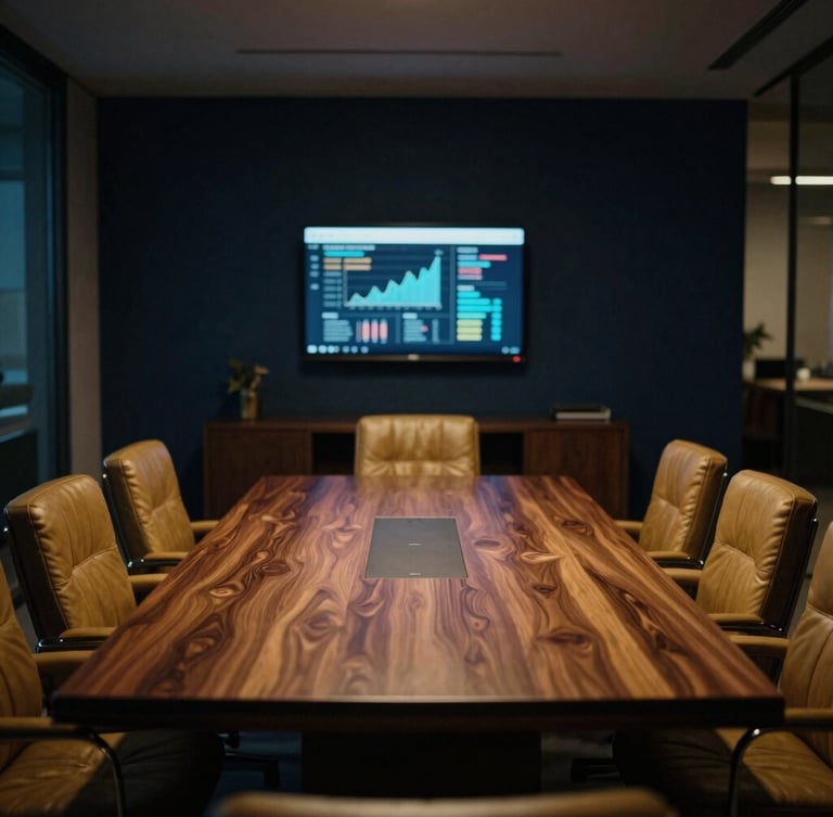 Interior de un despacho corporativo moderno y elegante, con una mesa de reuniones de madera oscura y sillas de cuero, iluminación tenue y una pantalla mostrando gráficos discretos. Estilo cinematográfico, tonos azul medianoche y dorado.