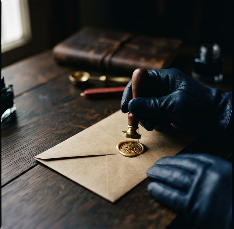 Manos enguantadas sellando un sobre de papel kraft con un sello de cera dorado, sobre una mesa de madera oscura. Iluminación dramática, tonos azules y dorados, poca profundidad de campo.
