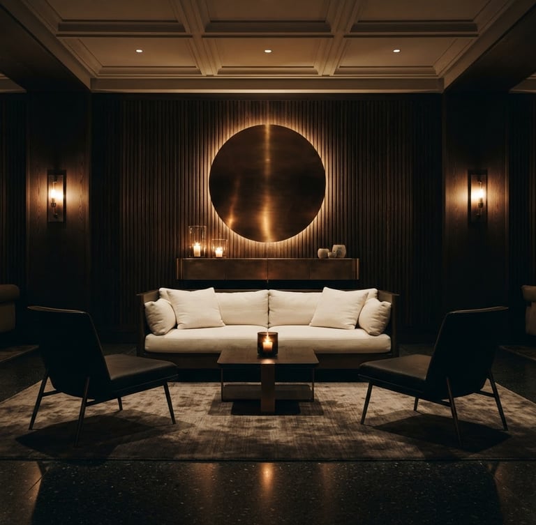 Symmetrical architectural shot of a minimalist luxury lounge, warm bronze lighting, soft shadows, pristine linen textures, 35mm film