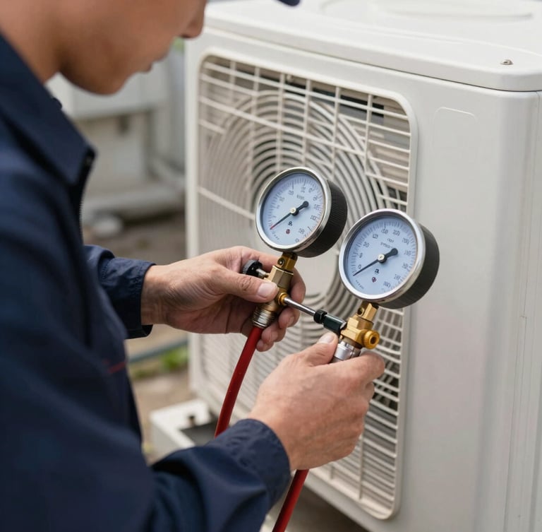 Close-up of a certified technician in a clean navy uniform working on an outdoor AC unit with professional pressure gauges, bright natural daylight.