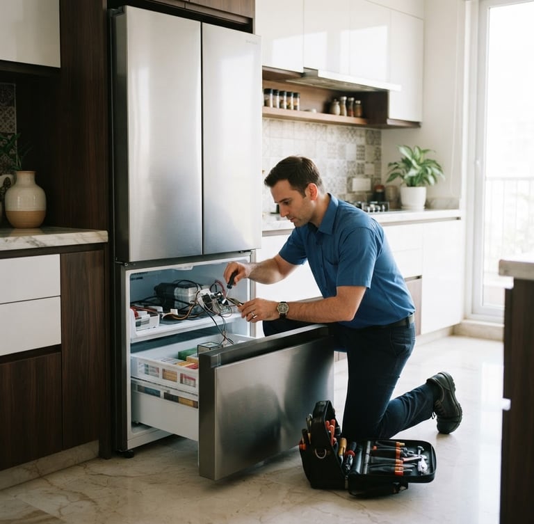 A clean, professional technician in a blue uniform repairing a premium modern double-door refrigerator in a bright, upscale Gurgaon kitchen, 35mm photography