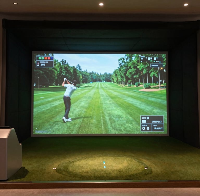 Wide shot of a premium indoor golf simulator bay, glowing high-fidelity screen displaying a lush green fairway, golfer in mid-swing, moody low-key ambient lighting, 35mm.