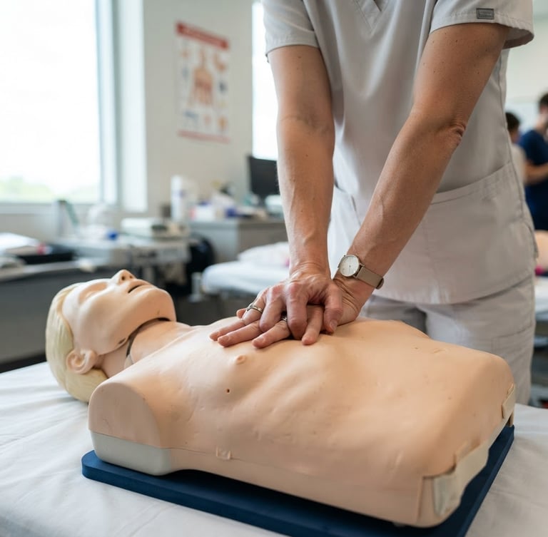 Close-up of hands demonstrating chest compressions on a high-fidelity CPR manikin in a bright Houston training room, crisp daylight, professional medical setting.
