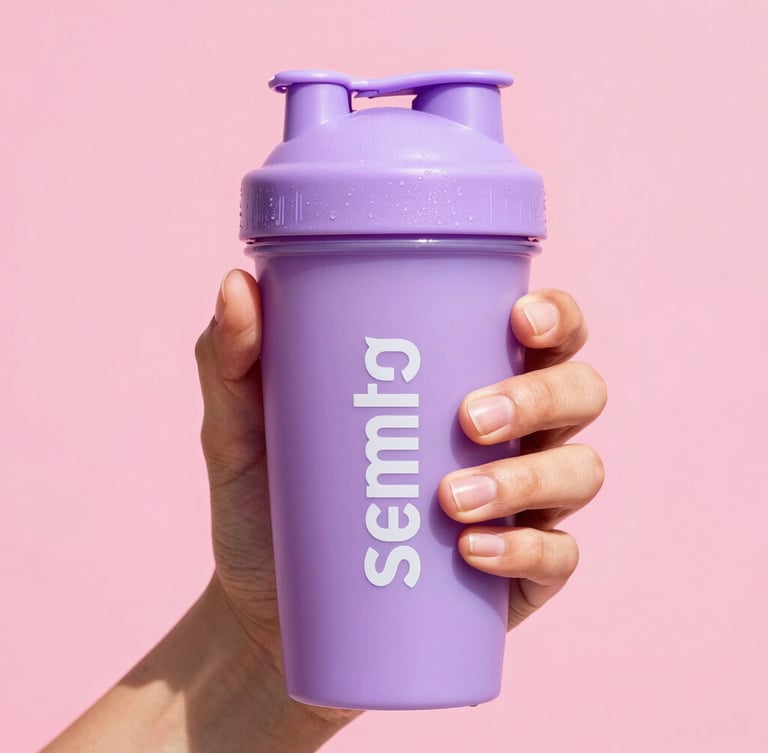 Vibrant studio photography of a Gen Z athlete holding an electric lavender shaker cup under direct midday sun, high contrast, 35mm