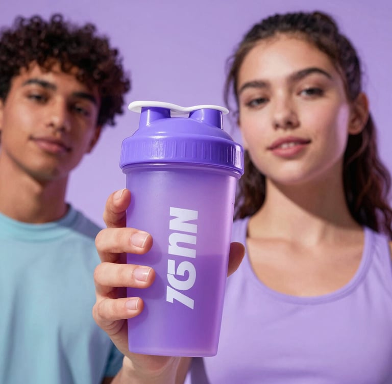Dynamic low-angle portrait of a diverse Gen Z athlete holding a vibrant shaker cup, high-contrast lavender gel lighting, sharp focus, 35mm