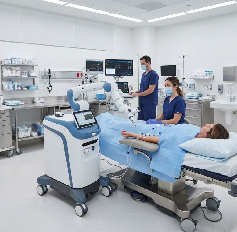 Wide environmental shot of the VenaBot robotic medical device in a modern, brightly lit clinical room, sterile hospital environment, soft shadows