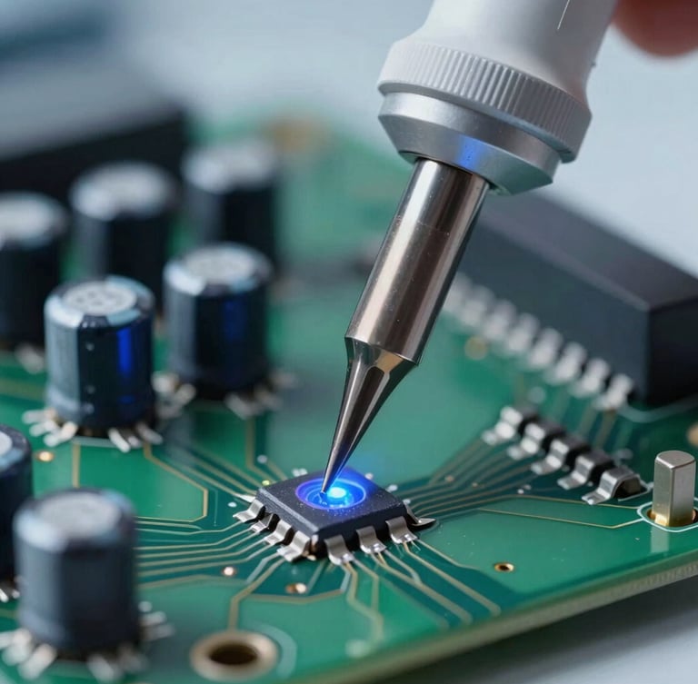 Macro shot of a high-precision soldering iron tip touching a microscopic capacitor on a green circuit board, cool blue LED lighting, shallow depth of field, clinical laboratory environment.