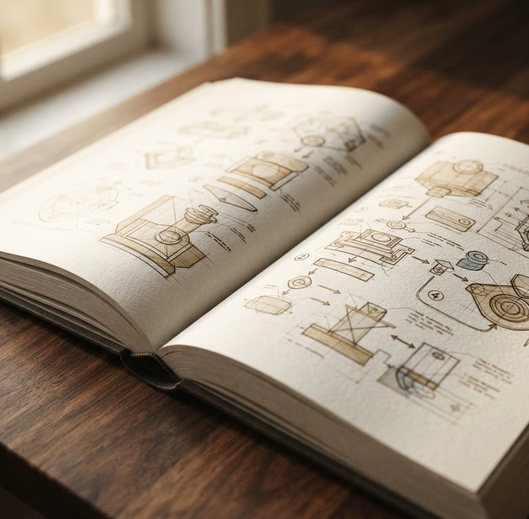 Close-up macro shot of a premium, structured eBook mockup with textured paper, open to a page showing a step-by-step blueprint, under soft directional window light, warm muted tones, shallow depth of field, on a clean dark wooden desk.