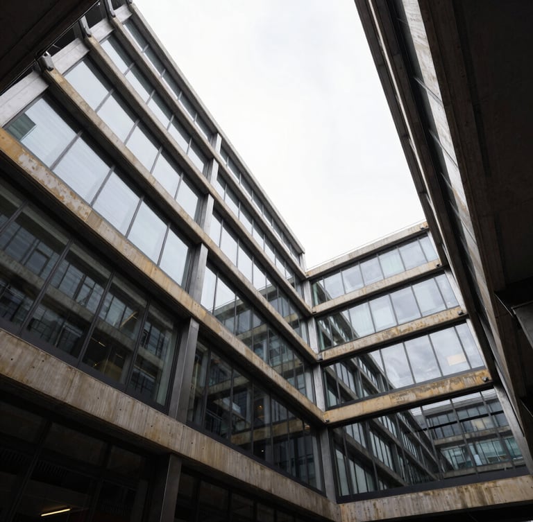 Wide-angle architectural photograph of high-contrast steel and glass framing, crisp overcast daylight reflecting off structural elements.