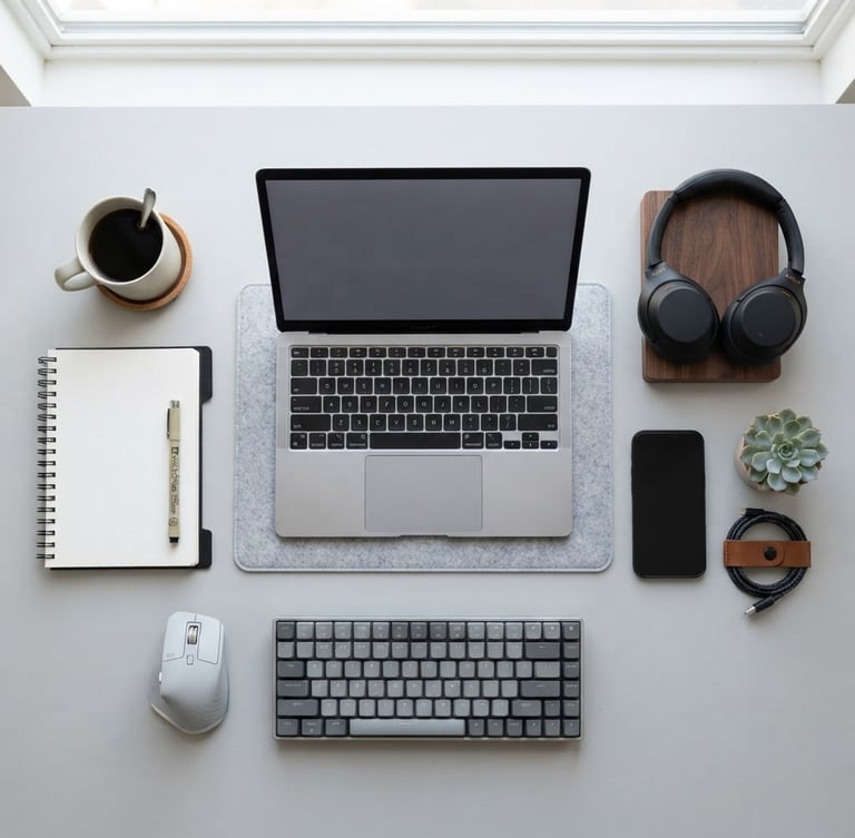 Overhead flatlay of organized workspace accessories, minimalist light gray backdrop, bright soft daylight, sharp focus, 50mm