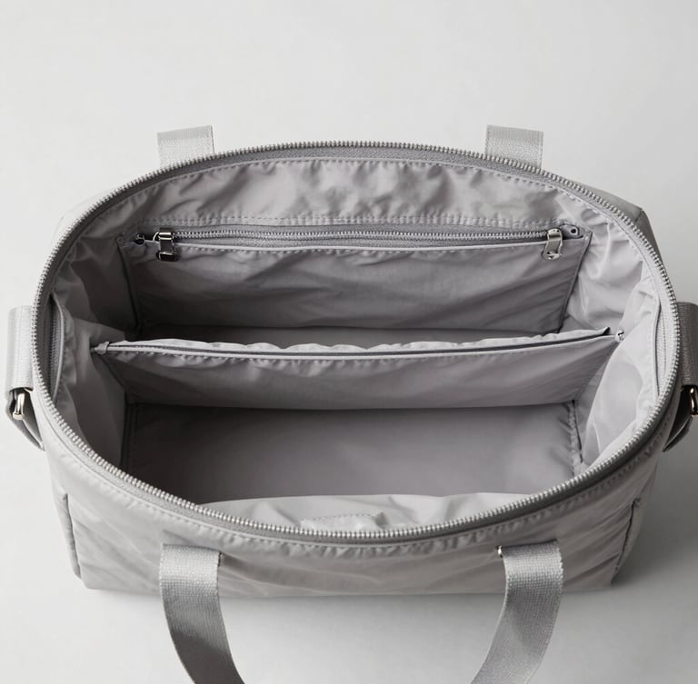 Overhead shot of a minimalist daily carry bag showing structured internal compartments, soft daylight, sharp focus