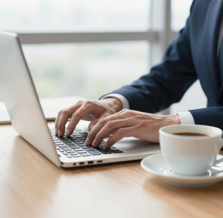 Close-up of hands typing on a laptop next to a cup of coffee on a clean wooden desk, bright natural daylight, modern office environment