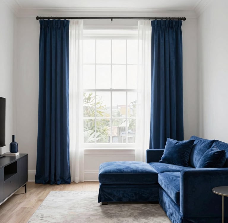 Bright editorial interior photography of a luxurious living room, soft natural window light, deep blue accents, crisp clean composition, 35mm lens