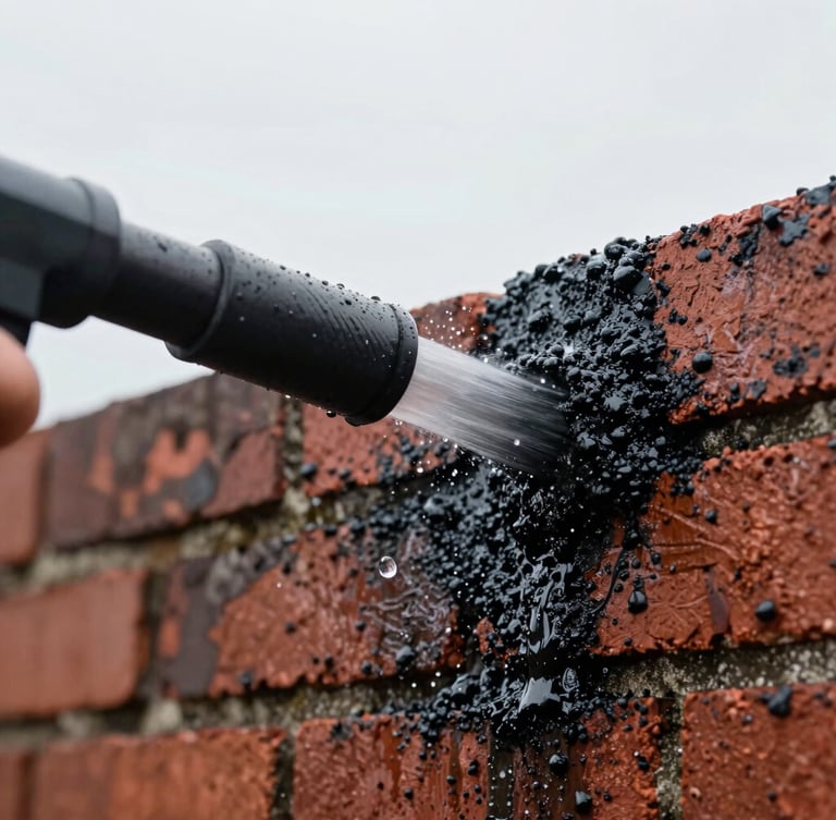 Extreme close-up of a high-pressure jet nozzle slicing through thick black grime on weathered red brick, water droplets frozen in mid-air, bright overcast daylight, sharp action shot, 35mm