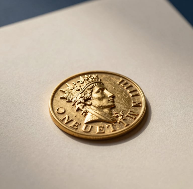 Macro shot of a gold-embossed Austrian judicial seal on official cream-colored legal documents, soft dramatic side-lighting, deep navy shadows, sharp focus, 50mm lens.