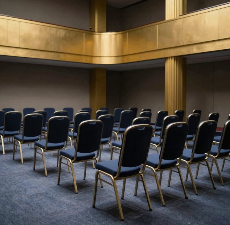 An editorial wide shot of a modern Viennese conference hall with soft dramatic side-lighting, high-contrast shadows, deep navy chairs, and gold architectural accents, sharp focus, 50mm lens.