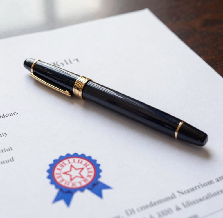 A close-up of a classic fountain pen resting on an official legal document with a certified blue and red ribbon seal, soft dramatic side-lighting from a window.