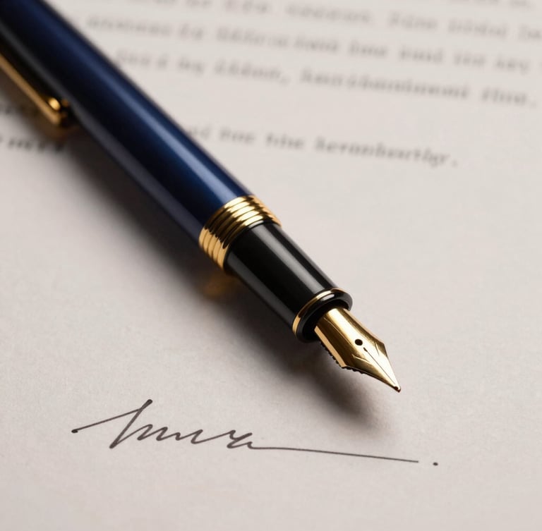 Close-up of a classic fountain pen resting on a signed legal contract, warm gold details, soft dramatic side-lighting, deep navy shadows, editorial corporate photography.