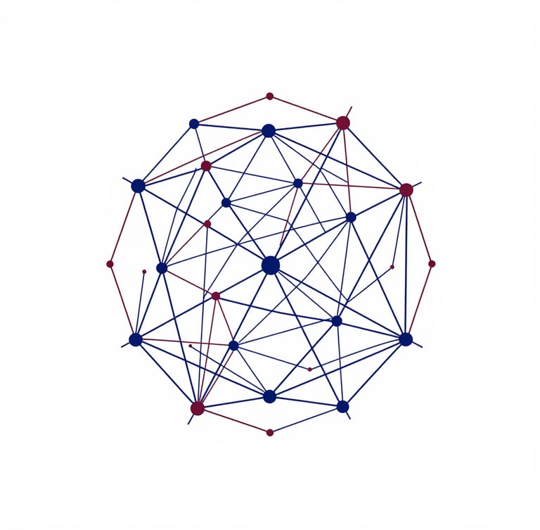 Minimalist vector illustration of interconnected technical nodes and geometric network lines, blueprint style, deep blue and maroon accents on a white canvas, crisp lighting, high contrast