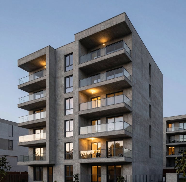 Twilight architectural photography of a modern concrete and steel residential estate, sharp clean lines, dramatic safety-gold accent lighting, negative sky space.