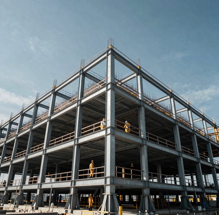 Wide-angle architectural shot of a massive steel structure under construction, workers in clean safety-gold gear visible against a high-contrast sky, dramatic daylight.