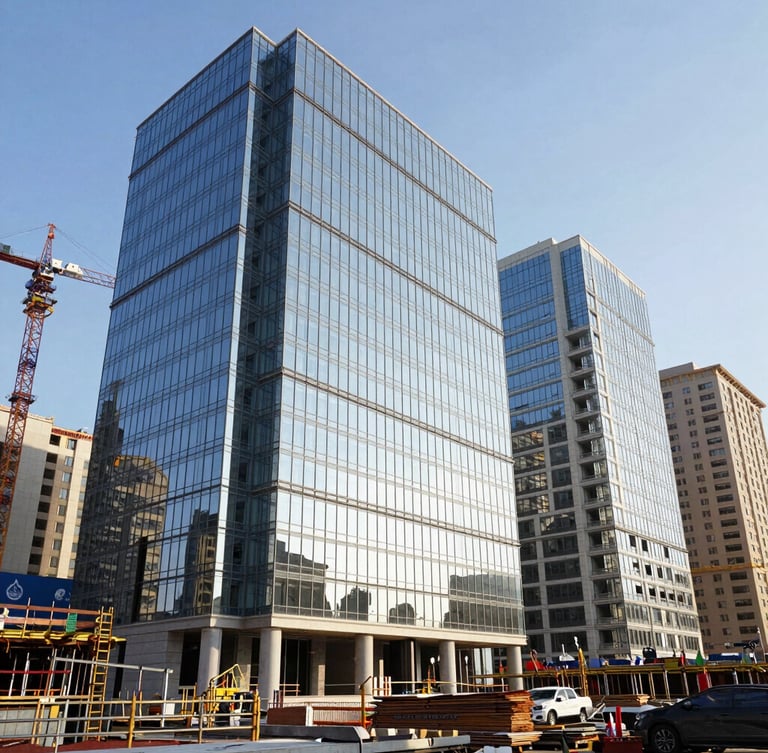 Architectural portrait of a modern commercial concrete and glass facade under bright daylight, crisp shadows, sharp structural lines, clean industrial aesthetic.