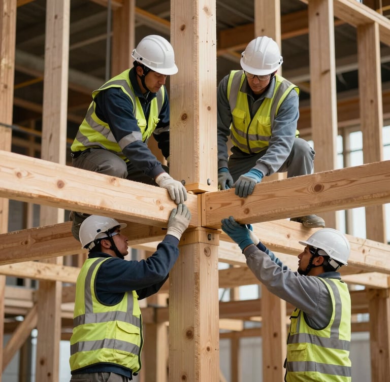 Workers in clean safety gear securing heavy timber joints on a massive structural frame