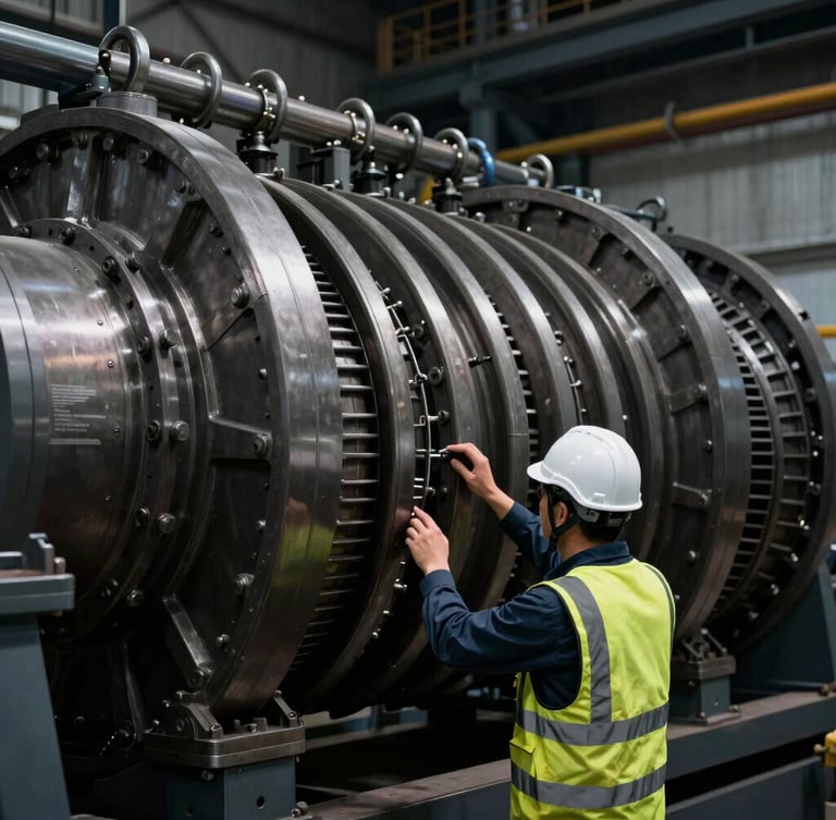 High-contrast close-up of an engineer in a clean white helmet and safety vest inspecting a massive industrial turbine, dramatic side lighting, metallic charcoal tones