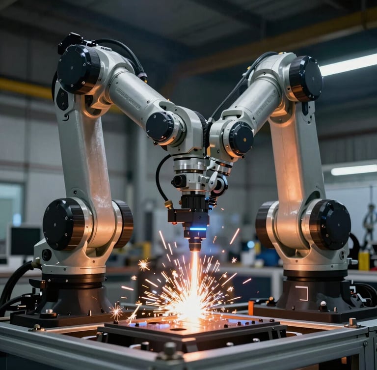 Close-up of a professional industrial camera capturing a high-tech robotic welding arm in a modern automotive factory, bright orange sparks, clean dark background.