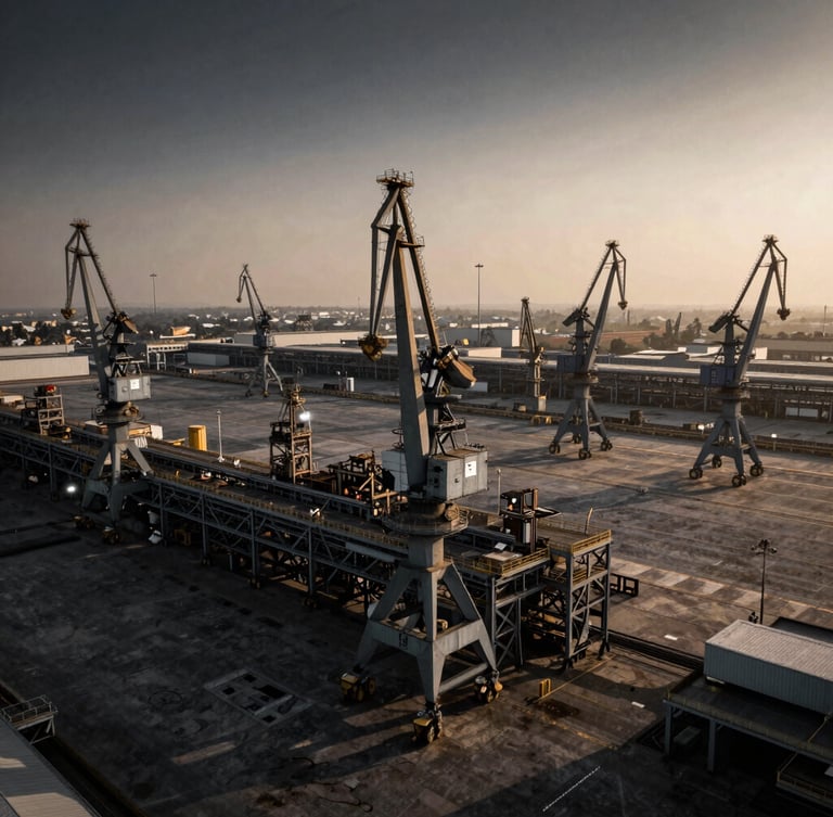 Dramatic wide-angle aerial drone photograph of a massive industrial port terminal in Kutch, heavy cranes framing the horizon, deep charcoal and metallic tones, high-contrast dramatic golden hour lighting, industrial architectural photography style.