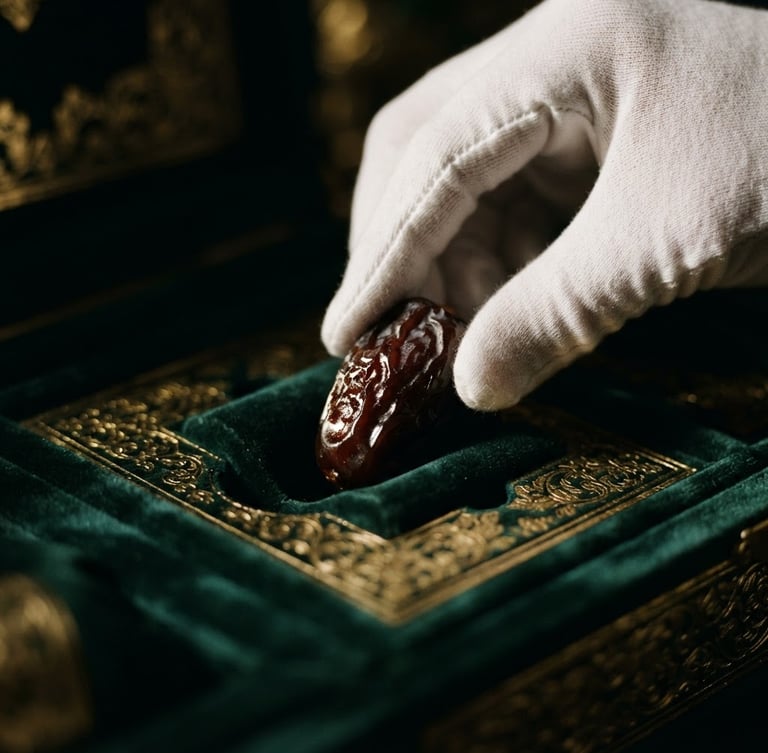 Macro close-up of elegant hands in white gloves meticulously placing a glistening, dark Sukkari date into a velvet-lined, gold-embossed gift box, dramatic side-lighting, deep shadows, rich emerald and gold tones, wide aspect.