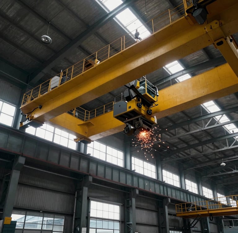 Dramatic low-angle shot of a massive yellow and black overhead crane installed in a heavy manufacturing facility, industrial steel beams, factory window light, 35mm.