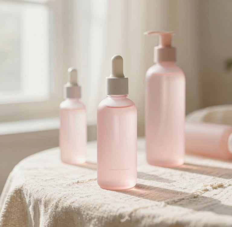 Elegant minimalist pink glass skincare bottles on warm cream linen, soft diffused morning window light, shallow depth of field, 35mm